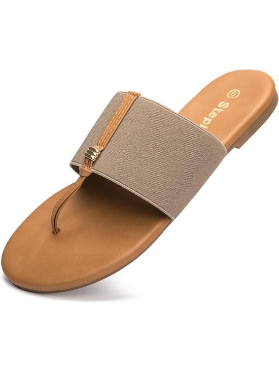 Shoes - Women's Brown Summer Comfortable Elastic T-Strap Stretchy Slide Flats Sandals